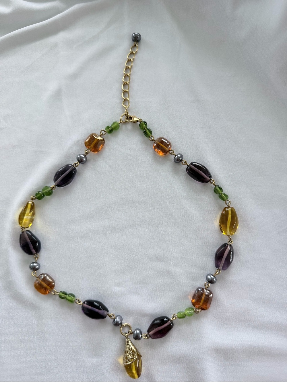 Multicolor Vintage Glass Bead Pendant Necklace - Green, Amber & Purple
